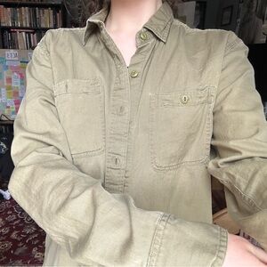 khaki green button up work shirt